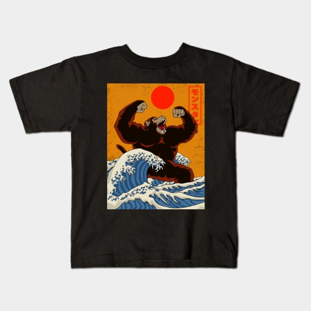 GREAT WAVE OF MONSTER Kids T-Shirt by canzyartstudio